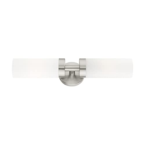 Image of Livex Lighting 15072-91 Aero Collection ADA 2-Light Bathroom Vanity Light with Satin Opal White Glass Cylinder Shades, Brushed Nickel, 19.25 x 4.25 | Dimensions: 19.25 x 4.25; Satin Opal White Glass Cylinder Shades
