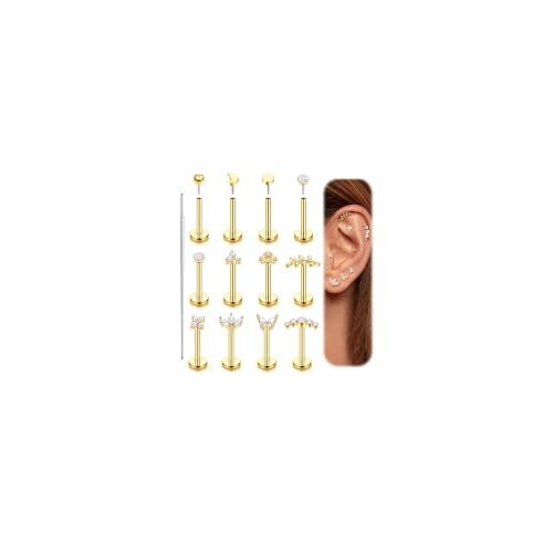 Fansilver 14K Gold Plated Threadless Flat Back Earrings for Women Men 316L Surgical Steel Push in Nose Piercings Lip Rings CZ Nostril Helix Conch Medusa Tragus Piercing Jewelry 20G 6mm Gold