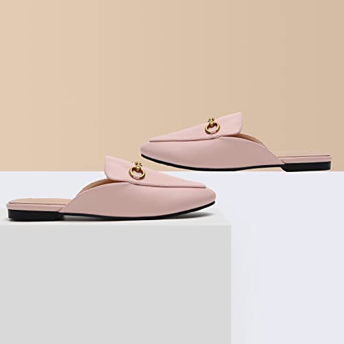 Image of Minorsu Buckle Mules for Women Flats Loafers Shoes for Work Office Business | Slip on,Round Toe,Backless,Slides, Casual