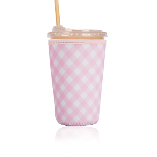 Image of Reusable Insulated Sleeve for Iced Coffee Cup, Coffee Neoprene Sleeve for Cold & Hot Drinks, Beverage Holder for Iced Coffee (Blush Gingham, Medium: 22-24oz)