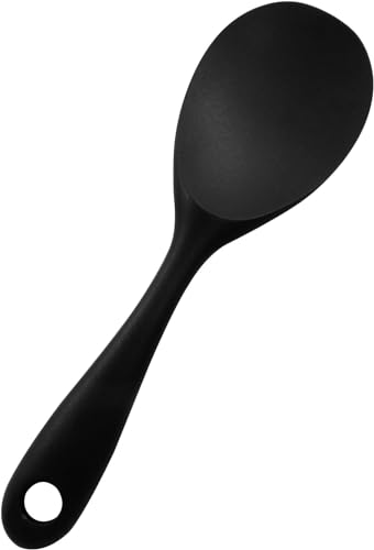 Image of Baskety Non-Stick Rice Spoon Silicone Ladle Soup Spoon with Handle for Dining Table 22.3 x 6.8 cm (Pure Black)