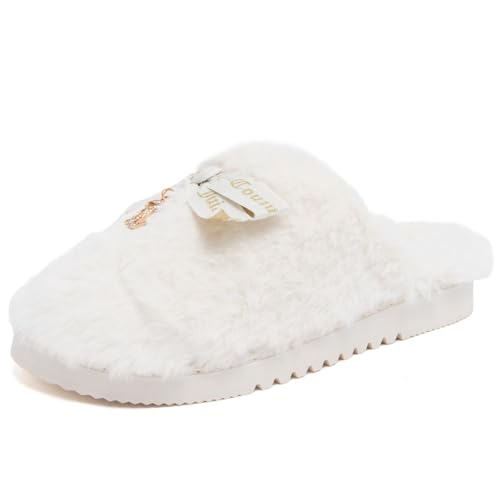 Juicy Couture Women's Fuzzy Closed-Toe, Fluffy Winter House Shoes, Comfortable Slip-On Faux Fur Slippers, Cream-kendlie, Medium