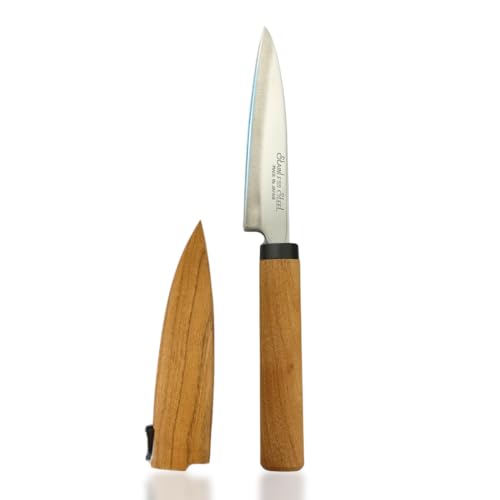 Japanese Paring Knife 4-Inch, High Carbon Stainless Steel Fruit Knife with Wooden Handle and Sheath, Small Utility Kitchen Knife for Peeling, Coring, Mincing, Made in Japan
