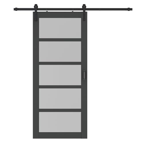 Image of 36 in. x 84 in. 5 Lite Pre Assembled Frosted Glass Black MDF Interior Sliding Barn Door with Hardware Kit Door Handle