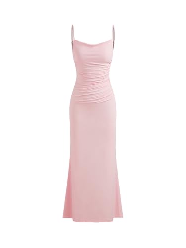 cider pink maxi dress Satin Cowl Neck Solid Ruffle Hem Maxi Dress