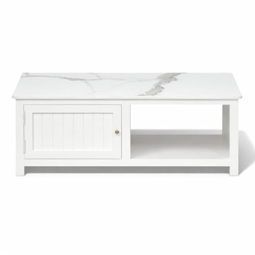 Image of Solid Wood Madrid Coffee Table | Premium Sintered Stone Center Table for Living Room | Wooden Centre Table | Finish- Premium Acrylic White