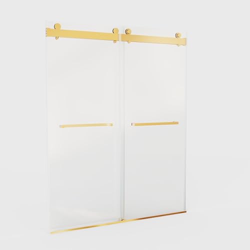 Image of Findepot 56-60 inch W x 76 inch H Frameless Double Sliding Soft-Close Glass Shower Doors with 3 /8 inch(10mm) SGCC Clear Tempered Glass, Brushed Gold
