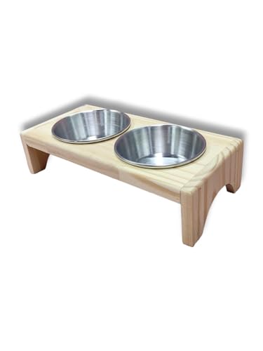 Comedouro para gatos e cachorros pequeno porte agua e ração 2 potes com base de madeira