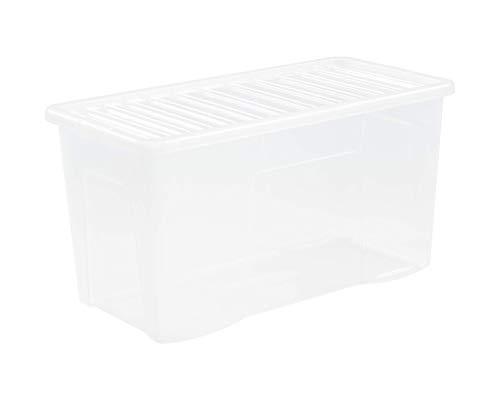 Clear Crystal Plastic Storage Boxes With Lid Stackable Nestable Container Multipurpose Plastic Useful Storage Box For Home Office Bedroom Living Room Made in U.K (110 Litre)