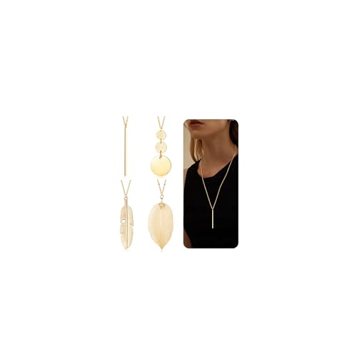 Diamday 4 Stück Lange Kette Damen Kette Gold Silber Lange Anhänger Halsketten Set für Damen Mädchen Statement Kette Bar Feather Circle Leaf Anhänger Y Halskette Lange...