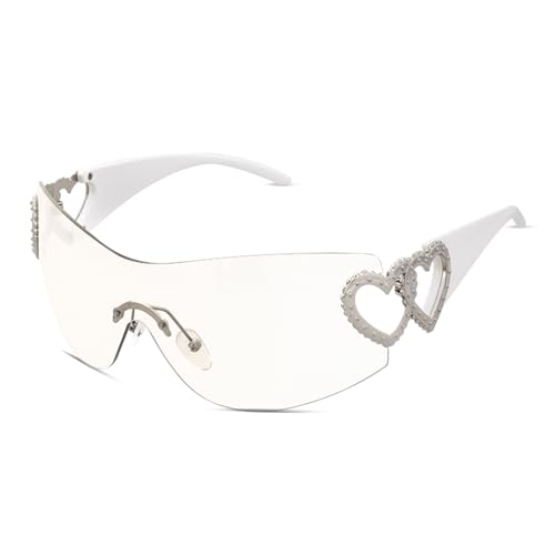 Y2K Wrap Around Rimless Sunglasses Trendy Shield Silver Heart 2000S Fashion Frameless Sun Glasses for Women Men - Main Image
