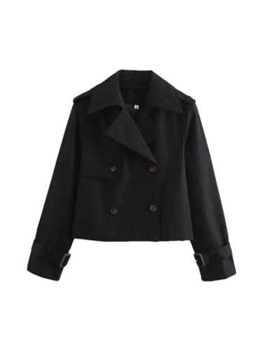 Pohullan Women Vintage Casual Jackets Solid Double Breasted Lapel Short Coat Lightweight Trenchcoats