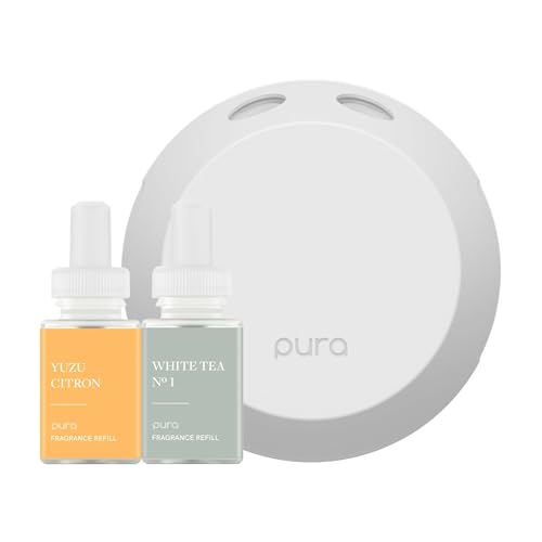Pura - Smart Home Fragrance Device Starter Set - Pura 4 - Scent Diffuser for Home - Includes Fragrance Aroma Diffuser - Square Box, Yuzu Citron and White Tea No. 1 Scent Refills