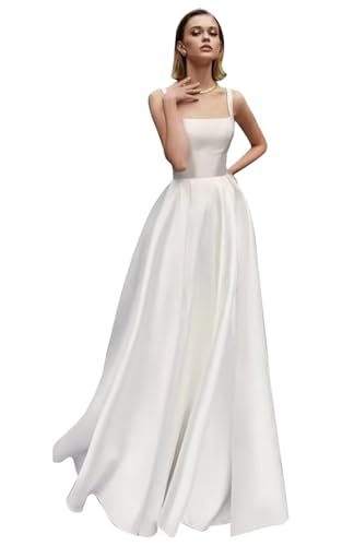 Women's Square Collar Satin Wedding Dress for Bride A Line Floor Lenght Simple Formal Bridal Dress