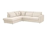 Grand canapé d'angle gauche en velours côtelé beige. 6 places. Coussins additionnels inclus. Fabriqué en Europe. Dimensions généreuses : L285 x P247 x H90 cm MONDOVI