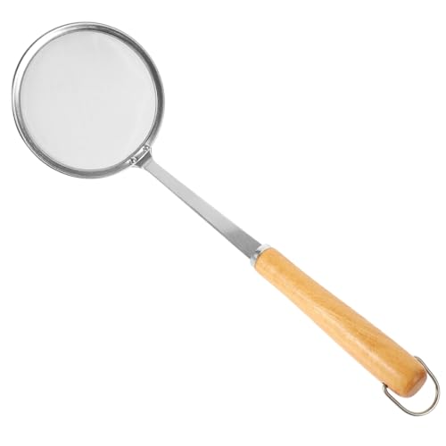 GLEAVI Stainless Steel Grease Spoon Strainer Skimmer Cookware Colander Filter Fine Grease Container for Kitchen Cooking Spoons Sifter Handle Utensils Scoops Wooden Silver