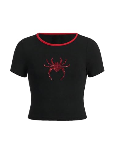 Floerns Girl's Rhinestone Graphic Tees Short Sleeve Crew Neck Cute Cropped T Shirts