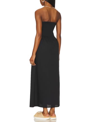Image of Aigeman Women Detachable Strap Dress Strapless Smocked Bodice Maxi Dress Pockets Long Swing Flowy Beach Sundress 373