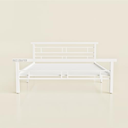 Image of Queen Size Metal Bed Frame with Headboard & Footboard | Queen Metal Bed | QueenSize Iron Bed | Queen Steel Bed | Heavy Duty Platform Bed | Double Bed Cot | Steel Slats | No Box Spring Needed | White