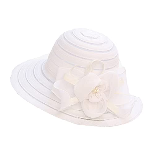 Summer Lace Flower Beach Sun Hat Women Derby Church Dress Bucket Hat Tea Party Hat Wedding Cap, White C #TOP3