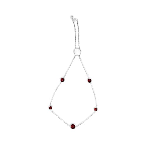 .925 Sterling Silver Bezel Set Red Garnet 5 Station Adjustable Bolo Bracelet