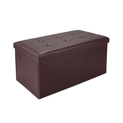 Todeco - Banc Pliant, Ottoman avec Espace de Stockage - Charge maximale: 150 kg - Matériau: Simili-Cuir - Finition piquée et capitonnée, 76 x 38 x 38 cm, Marron Cover