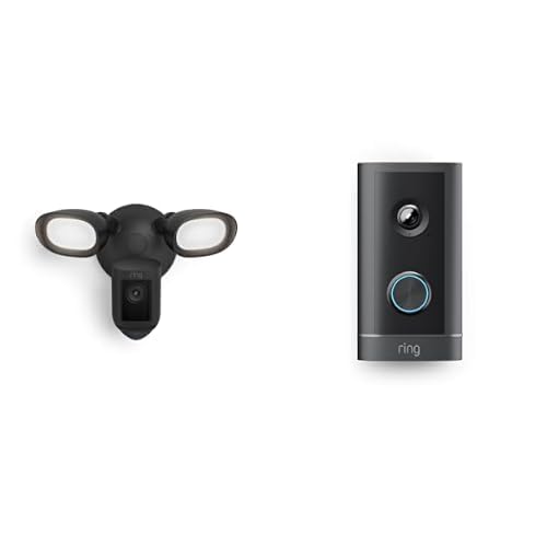 Ring Floodlight Cam Wired Pro with Bird's Eye View and 3D Motion Detection, Black + Ring Wired Doorbell 4K Elite with 10x Enhanced Zoom Bundle
