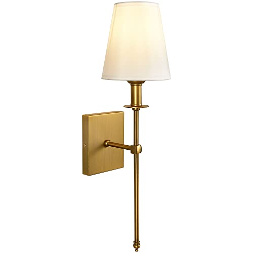 Image of Modern Antique Brass Hardwired Wall Sconces Set of 2 Slim with White Fabric Shade,Wall Lighting for Bathroom Vanity Mirror Living Room Dining Entryway Fireplace Mantel Theater Room Bedside