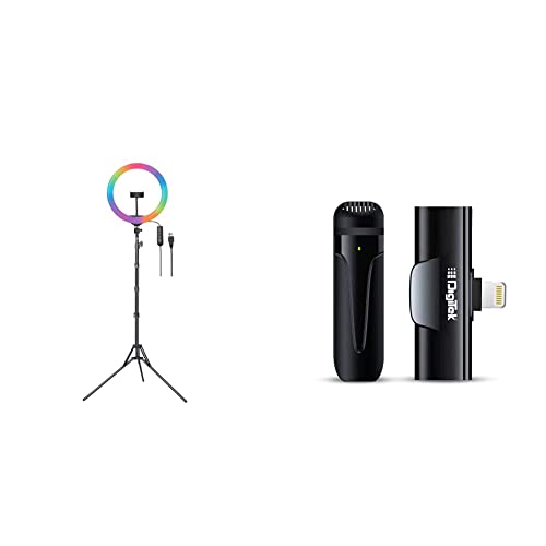 Image of DIGITEK (DRL-15C RGB) LED RGB Ring Light with Stand for YouTube, Photo-Shoot & (DWM-002) Wireless Microphone & Receiver with 8-pin Connector for Noise Cancellation, Fast Charging