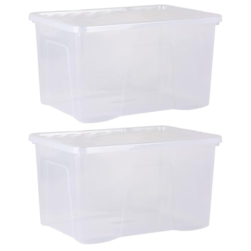 2-Pack x 60L Stackable Plastic Storage Boxes with Lids – Large Crystal-Clear Storage Bins for Home, Office, Garage, Toys, Clothes & More – Durable, Stackable, Space-Saving Organization Containers