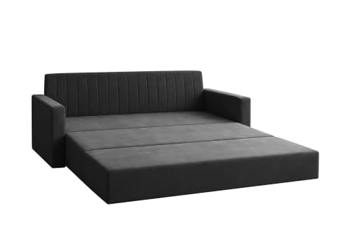 Image of Los Angeles Modern Velvet 3-Seater Sofa Cum Bed with Armrest, Multipurpose Convertible Sleeper Couch Sofa for Living Room, Bedroom & Office- Black Color