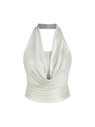 CIDER Crop Top Backless Going Out Tops Cowl Neck Halter Sleeveless Tube Knit Fabric Fitted Top Ivory