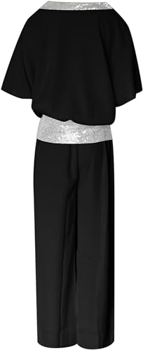 Sequined-Colorblock Elegant Two-Piece, Round Neck Chiffon Wide Leg Pant Suit, Womens Suit Set Loose 2 Piece4