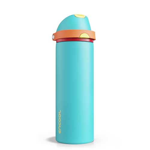 Image of Insulated Water Bottle with Straw - Encool Stainless Steel Water Bottle with Push Button Lid, Leak-Proof & BPA-Free, Keeps Cold for 24 Hours for Sports, Travel, Gym (24 oz, Cerulean Blue)