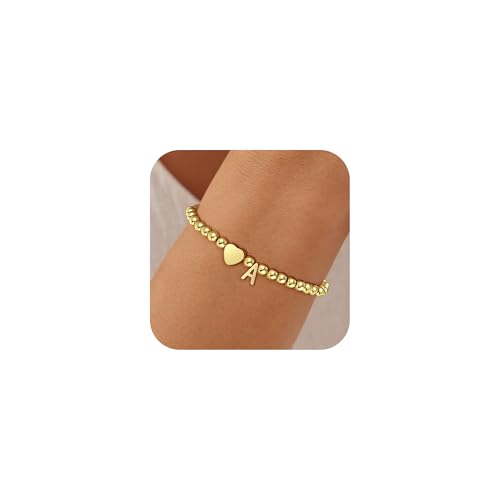 Gold Initial Bracelets for Women Girls - 18K Gold Plated A-Z Heart Initial Bracelet Dainty Beaded Bracelet Gold Bracelets for Women Teen Girl Gifts Trendy Stuff