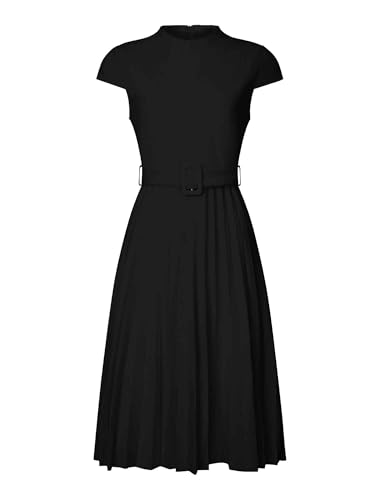 Hobemty Women's Pleated Dress Mock Neck Cap Sleeve Belted A-Line Dresses X-Large Black
