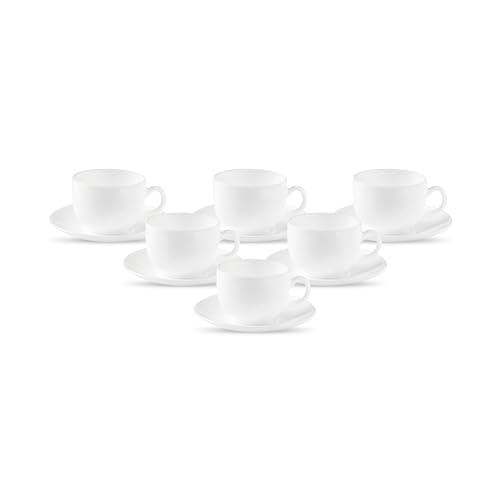 Image of La Opala Diva, Opal Glass Crockery | Cup & Saucer Iris Regular, Set of 12 | Plain White, 160 ml | for Tea & Coffee | Microwave Safe | 100% Vegetarian | Extra Strong | Super Light | Super White