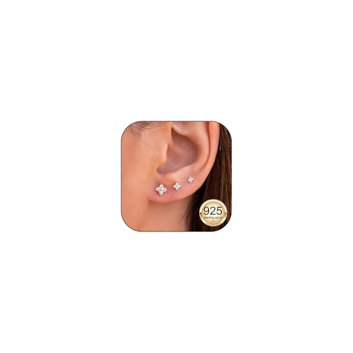 3 Pairs 9ct Gold Stud Earrings Hypoallergenic 925 Sterling Silver Post Dainty Silver Cartilage Tragus Earrings Stacks Set Trendy Small Diamond Heart Multiple Piercing Jewelry for Women