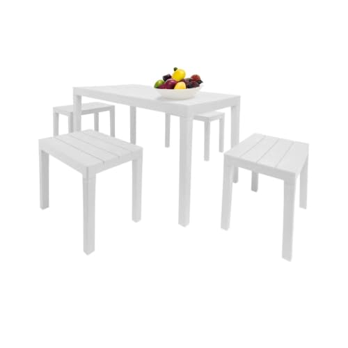 Dmora - Ensemble de salon d'extérieur Sanremo, Composition de jardin avec 1 table rectangulaire et 4 bancs, Salon intérieur et extérieur de Pic Nic, 100% Made in Italy, Blanc