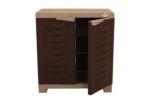 Image of Supreme Fusion SR 01 Plastic Shoe Rack Cabinet, Brown and Beige, 2 Door with 3 Adjustable Shelves, Water and Rust Proof