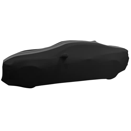 Image of SR1 Performance USA Indoor Car Cover for Chevy Camaro 2010-2024 - Ultraguard Stretch Satin Custom Fit, Dust Cover, Breathable Scratch-Resistant Sport Series Stripe (Black /Gray)