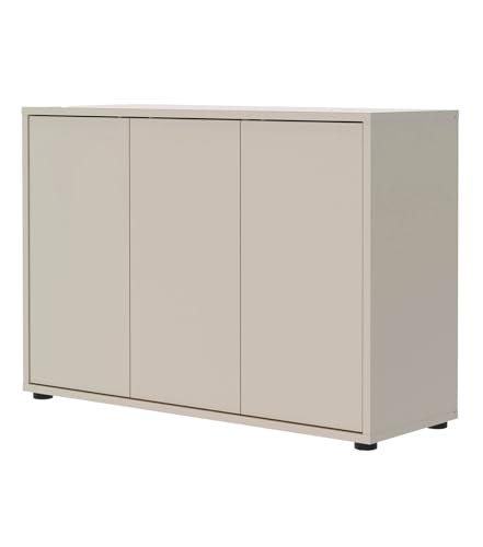 mokebo Kommode Sideboard Kaschmir (103x73 cm) 'Die Horizontale' aus Holz 3-türig, Made in Germany, Moderne Anrichte, Flurkommode matt, Beistellschrank oder Kleiner Wohnzimmerschrank in Grau Beige