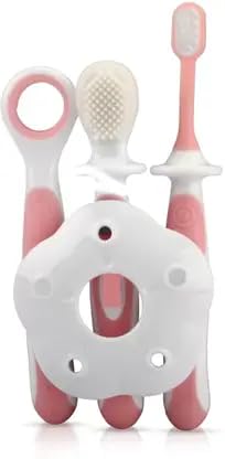 UNVELIS Baby Training Toothbrush Set with Anti Choking Shield, Teeth & Tongue Cleaner, Baby Oral Hygiene, 3 pcs, (White/Pink)-image-45