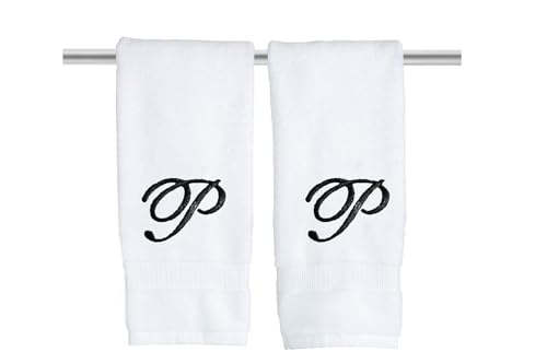 Decorvo White Monogrammed Hand Towels for Bathroom - Luxury Hotel Quality Personalized Initial Embroidered Towel for Powder Room, Spa - GOTS Organic Certified - Pack of 2 Black, Letter P