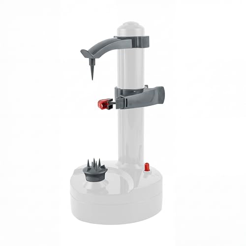 Pelamatic - Pelapatate Automatico | Design Sicuro | 2 Lame Aggiuntive | Base Antiscivolo | Sbuccia Patate e Mele | Pela Patate Professionale | Sbucciatore Elettrico, Bianco, Acciaio Inox e Plastica