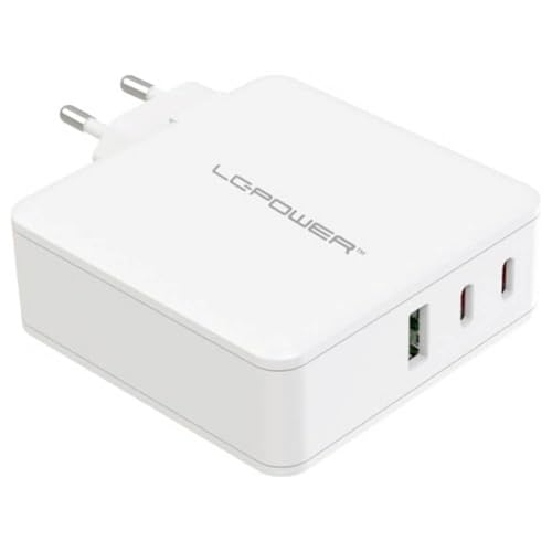 LC-POWER LC-GAN-100 | Chargeur Secteur GaN 100 W Blanc Ă 3 Ports | 2X USB-C et 1x USB-A, Power Delivery 3.0 | Rendement jusqu'Ă 89,5%, 111x75x28 mm, 191 g
