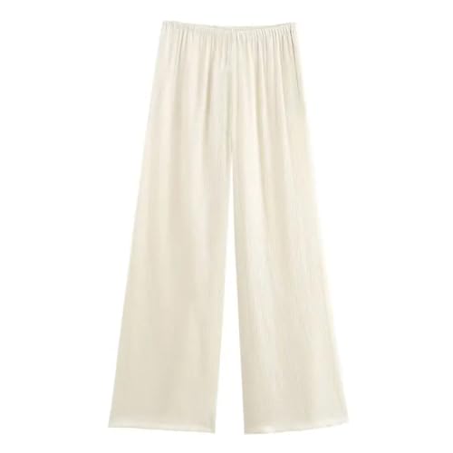 Vsadsau Conjunto de pantalones para mujer con cuello en V y cintura elástica, pantalones largos de pierna ancha, estilo pijama, Pantalón beige, S