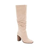 Juliet Holy Womens Knee High Boots Suede Chunky High Heel Slouch Square Toe Side Zipper Tall Boot Nude