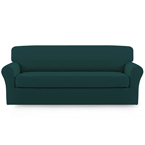 Image of Easy-Going 2 Pieces Stretch Couch Sofa Slipcover Washable | Spandex Soft Fitted Sofa Couch Cover for Sofa Furniture Protector with Bottom Kids,Pet Dog DeepTeal