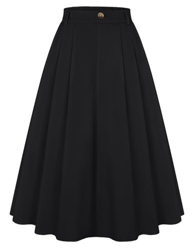 Belle Poque Damen Casual Midi Rock A Linie Elastische Hohe Taille Plissee Vintage Rock für Kirche Büro Arbeit Schwarz 2XL